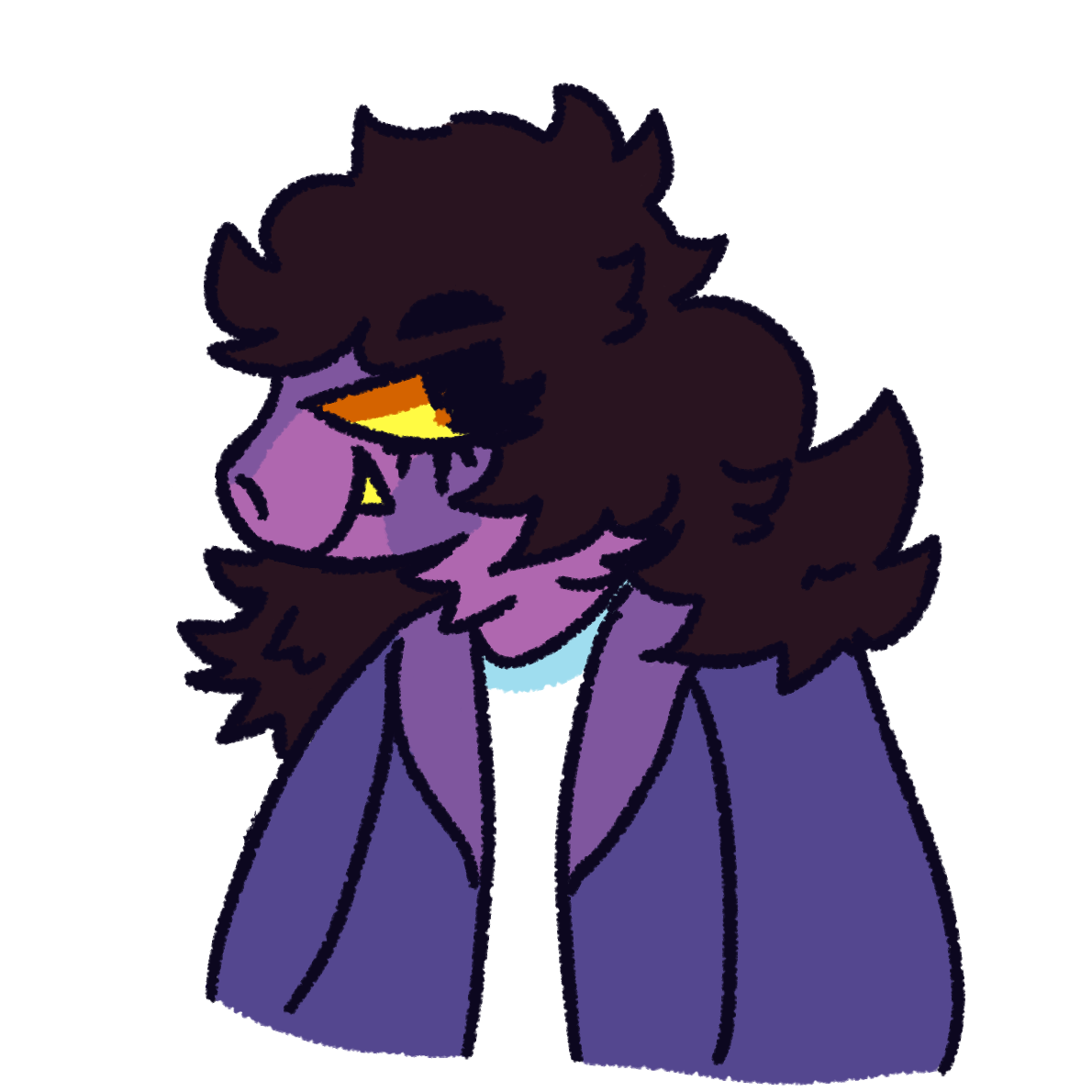 a magenta anthropomorphic Dinosaur with long brown-magenta hair. She wears a purple jacket over her white and blue shirt and has yellow eyes and teeth. She is looking to the side.